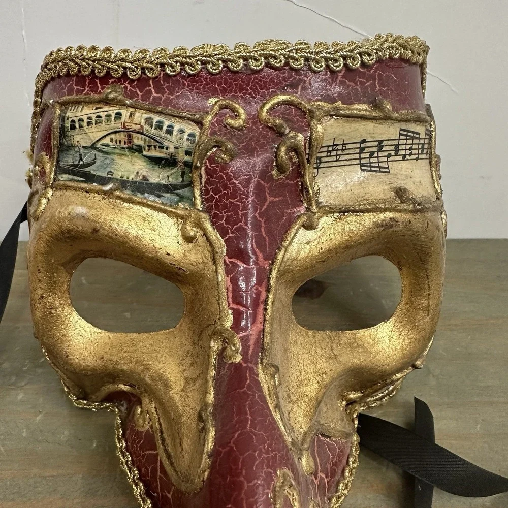 Red Gold Venetian Mardi Gras Nose Mask MASQUERADE CARNIVAL PARTY Music Notes